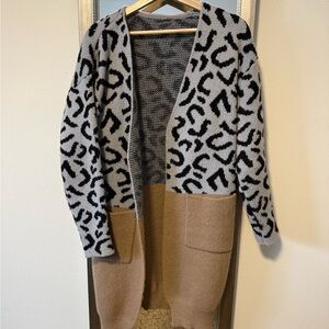 Leopard Print Open Front Cardigan Sweater - Black and Tan